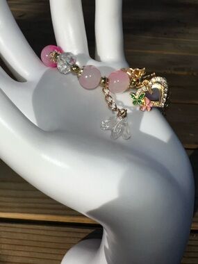 Gold-Tone Pink Bead Bracelet with Heart & Butterfly Charm